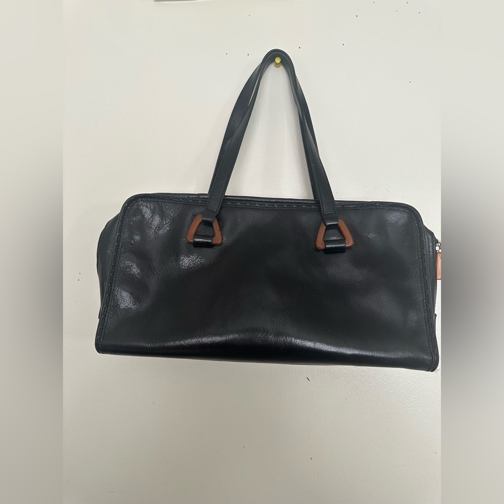 Cole Haan Vintage Black Leather Satchel with Amber Resin Hardware - Picture 10 of 15